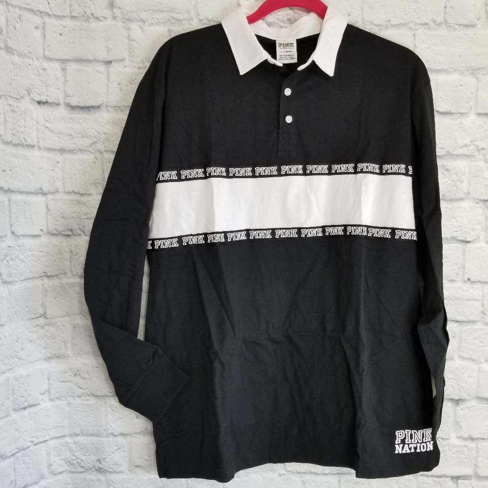 PINK Victoria's Secret Logo Black and White Rugby Shirt Large New
